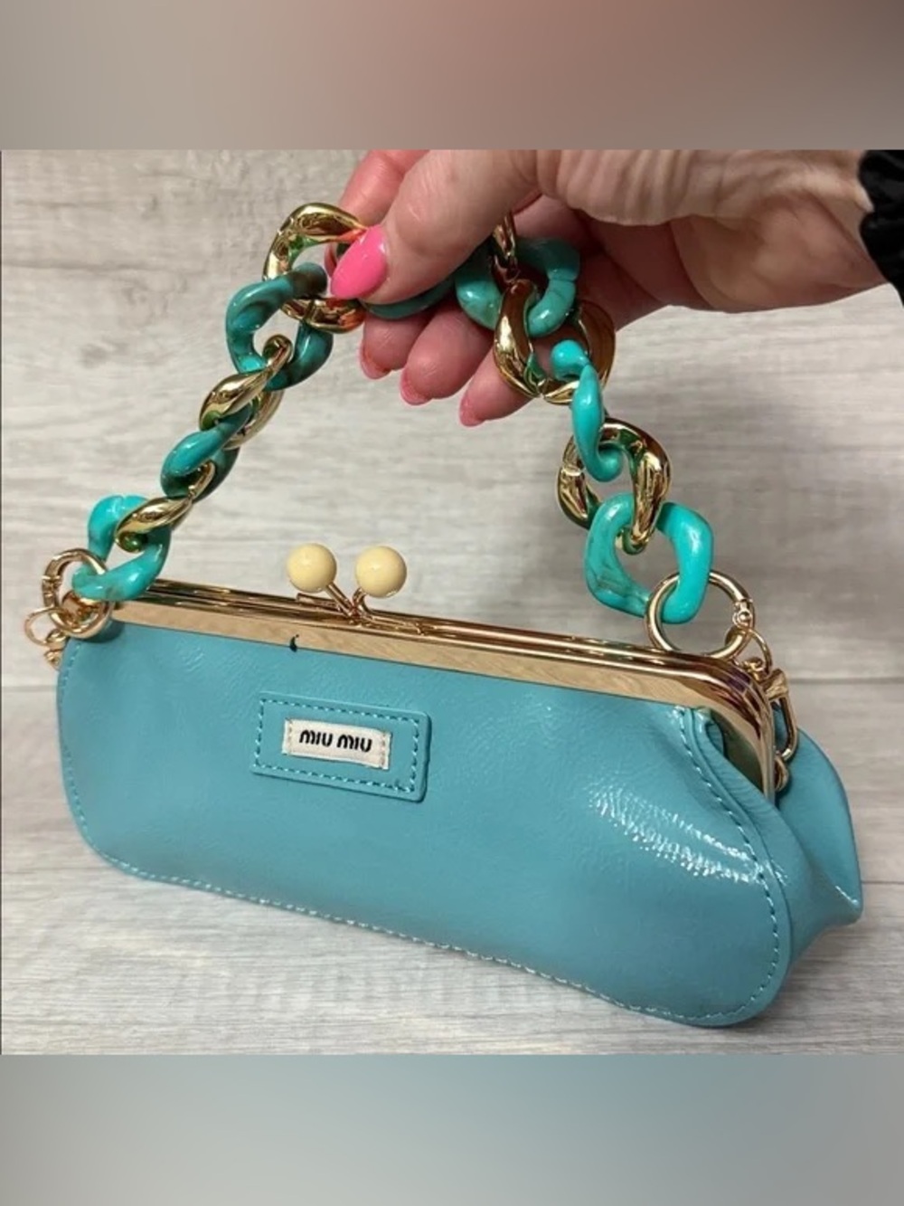 Miu Miu Teal Leather Clutch with Gold-Tone Chain - Picture 2 of 7